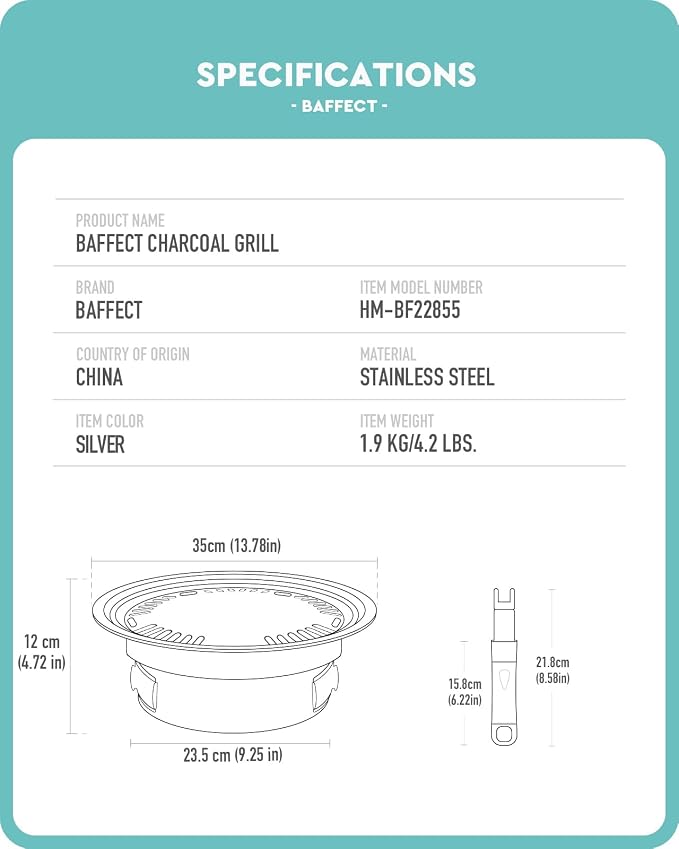 Baffect BBQ Charcoal Grill, 13.7 inch Non-stick Stainless Steel Korean Barbecue Grill, Portable Charcoal Stove for Outdoors Camping Picnic and Indoor Party Cooking