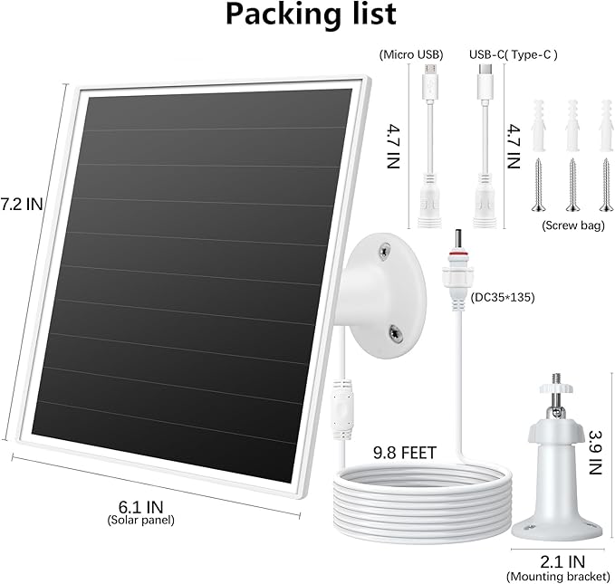 6W Solar Panel Charger for Outdoor Security Cameras. Micro USB/USB - C/DC (35 * 135) Fits Eufy/Wyze/Ring Camera, 9.8ft Cable,Waterproof Stabilization System for Battery Protection Fast Charging