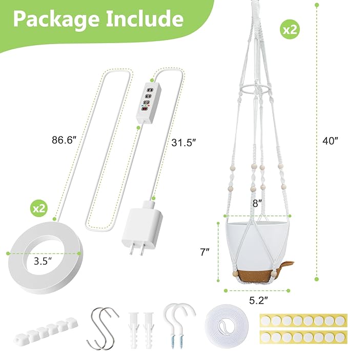 Hanging Planters for Indoor Plants: 2 Pack Macrame Plant Hangers with Grow Lights and Self-Watering Pots, Large Hanging Pots with Drainage Holes & Removable Tray(8in White Pot, Daylight Spectrum)