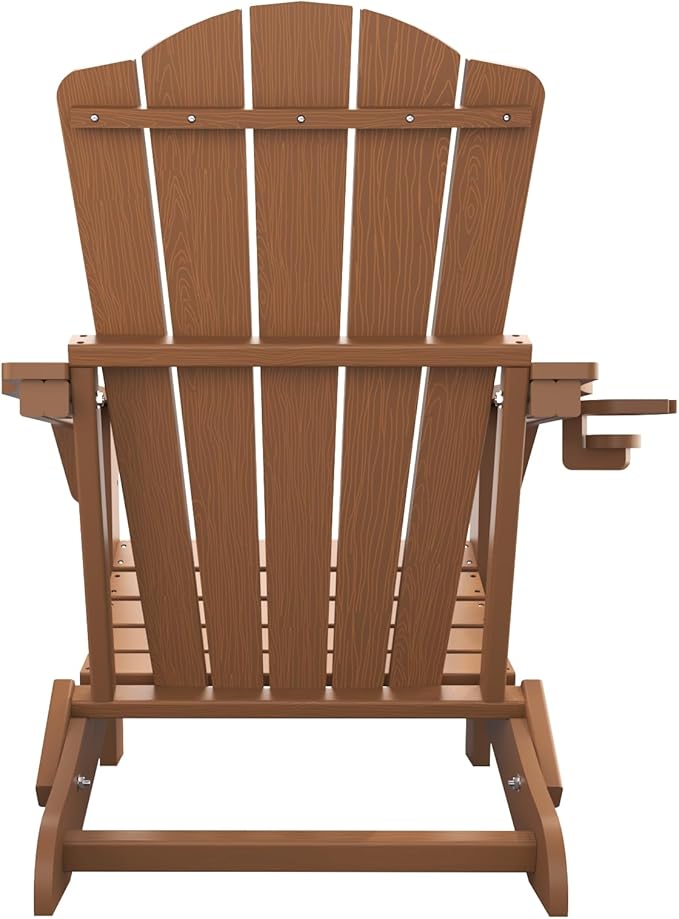 THOEOE Folding Adirondack Chair,HDPE All-Weather Outdoor Chair with Cup Holder,Wooden Textured,Fire Pit Chair,Plastic Patio Chair for Deck,Backyard,Garden,Lawn, Wood