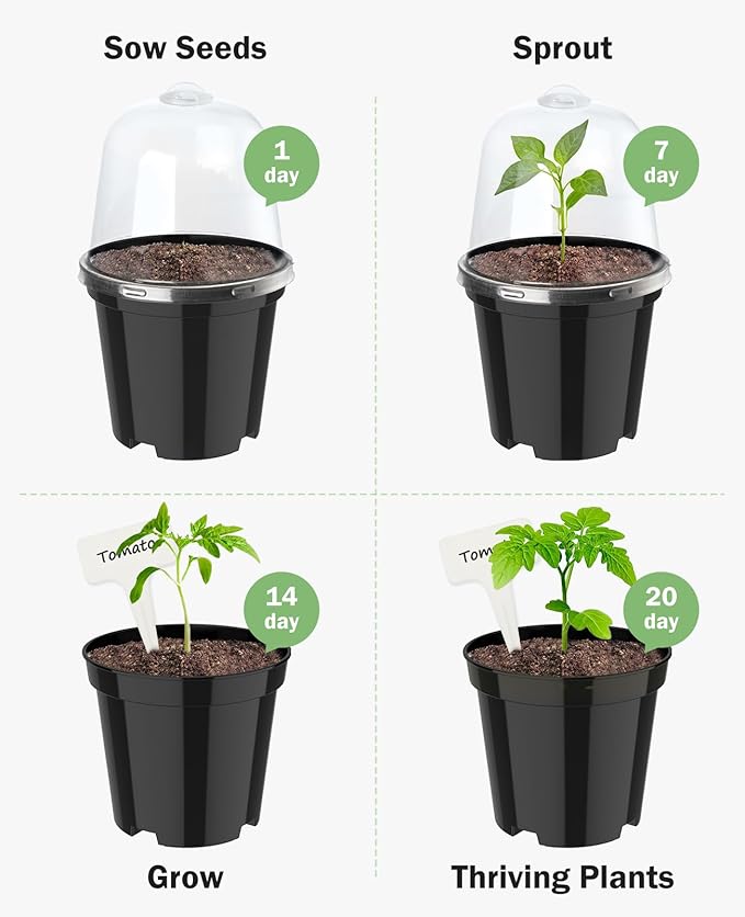 homenote Nursery Pots for Plants,3/4/5 Inch Plant Pot for Planting with Humidity Domes Plastic Seedling with Drainage Holes Seed Starter Flower with 10 Labels Black (15 Pack)