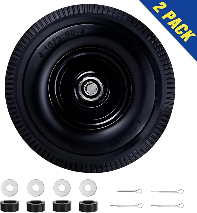 4.10/3.50-4 Flat Free Tire, 10 Inch Solid Tires and Wheels Replacement with 5/8'' Bearings, 2.2" Offset Hub for Hand Truck, Dolly, Wheelbarrow, Includes Adapter Kit (2 PACK)