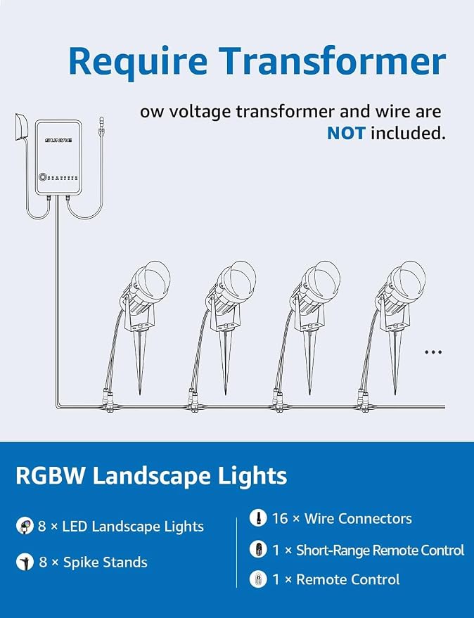 SUNVIE RGBW Color Changing Landscape Lights Low Voltage LED Landscape Lighting Remote Control Spotlight Waterproof Garden Yard Halloween Christmas Decoration Outdoor, 8 Pack with Connectors