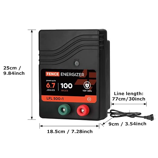 Electric Fence Charger AC Powered 100 Miles 300 Acres, 110 Volt 6.7 Joule Plug-in Electric Fence Energizer, Output Voltage Max 10.2 kV for Livestock, Preventing Predators from Intruding