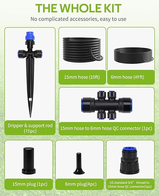 Garden Watering System,59FT Drip Irrigation Kits for Plants, New Quick Connector, Blank Distribution Tubing, Saving Water Automatic Irrigation Equipment for Patio Lawn, Greenhouse, Raised Beds (59FT)