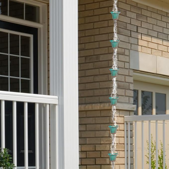 11ft Rain Chains for Outside, 12 Cups Rain Catcher Chain Replacement Downspout for Gutters, Adjustable Length(Green)