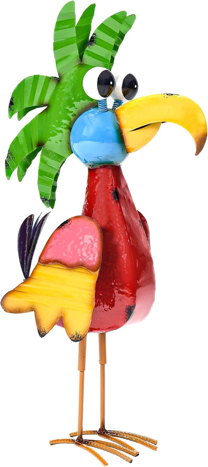 30" Tiki Bird Decor, Large Weatherproof Metal Parrot Yard Art | Handcrafted cartoon parrot with ground stake. For patio, lawn, balcony & indoor. Tropical party decor & unique gift ideal