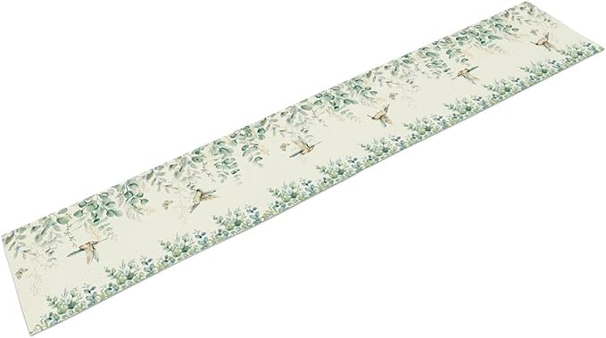 Floral Birds Table Runner, Rustic Boho Eucalyptus Leaves Watercolor Hummingbird Spring Seasonal Coffee Table Center Decor for Family Kitchen and Dining Farmhouse Party Table Decorations, 13"x72"