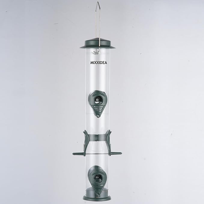 MIXXIDEA 1PK Metal Bird Feeders with 6 Feeding Ports,Tube Bird Feeder with Steel Hanger,Hard Plastic Wild Bird Feeder for Outdoors Hanging, Attracting Birds in Your Lawn, Garden, Balcony–Green