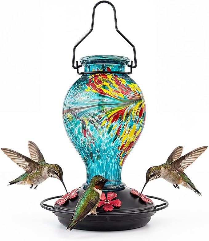 Hummingbird Feeder Colorful Blown Glass Outdoor Hummingbird Feeder with Ant Moat and 5 Feeding Ports for Outdoors Hanging Garden Decor, Bird Lovers (Blue-2)