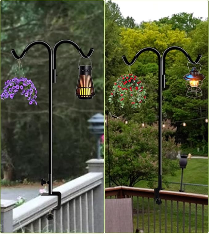Koutemie 40 Inch Tall Double Deck Hook for Railing, Adjustable Outdoor Shepherds Hook with 2-Inch Strengthened Clamp for Hanging Plant Bird Feeder, 2 Pack