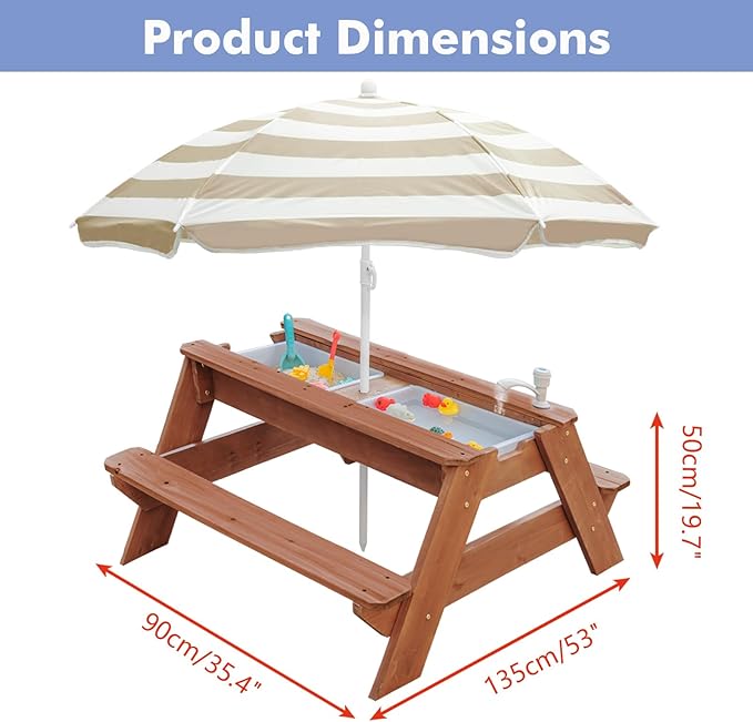 Kids 3-in-1 Sand & Water Table, Wood Outdoor Convertible Picnic Table w/Umbrella, 2 Trays, Removable Top with Faucet, Picnic Table for Outdoor Playset (Brown/Brown)