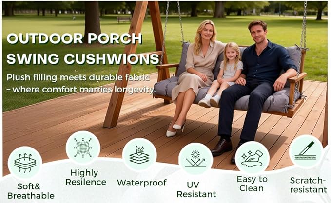Porch Swing Cushions 60 Inch,Waterproof Patio 2 3 Seater Replacement for Outdoor Furniture with Backrest&Strap,Thick 4" Swing Seat Cushion for Loveseat Garden Glider Bench Lawn Backyard,Khaki