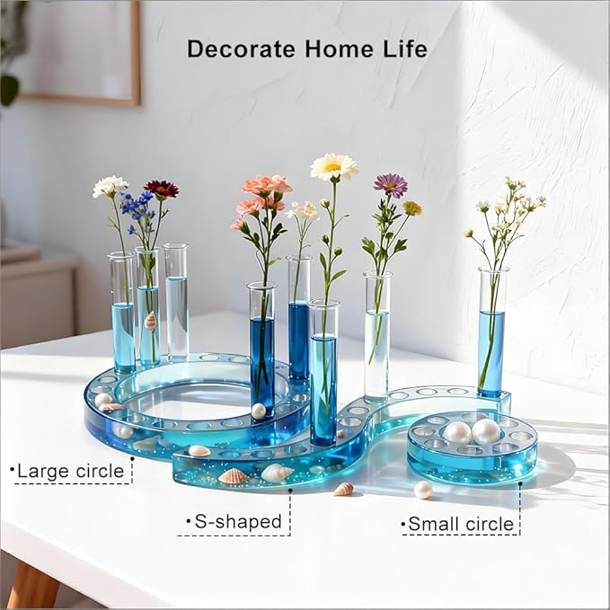 Flower Vase Resin Molds Silicone, Circular and Curved Silicone vase Base+32 Flower Arranging Test Tubes, Suitable for Inserting Fresh Flowers and Cultivating Plants, Desktop Vases Home Decor (D)