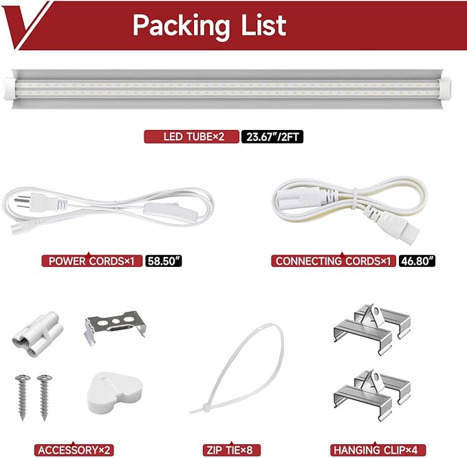 2 Pack LED Grow Light 2FT, 5000K Full Spectrum, 48W(2 x 24W), Linkable Growing Lamp Fixture, T8 Grow Lights for Indoor Plants, Seed Starting, Vegetables