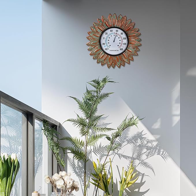 Copper Solar Rain Gauge Outdoor and 12" Bronze Sunflower Metal Outdoor Thermometer for Garden Patio Home Decor