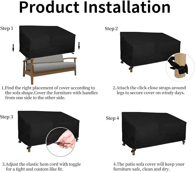 Easy-Going Heavy Duty Outdoor Loveseat Couch Cover, Waterproof Windproof Patio Furniture Sofa Cover with Air Vent (60Wx35Dx35H inch, Black)