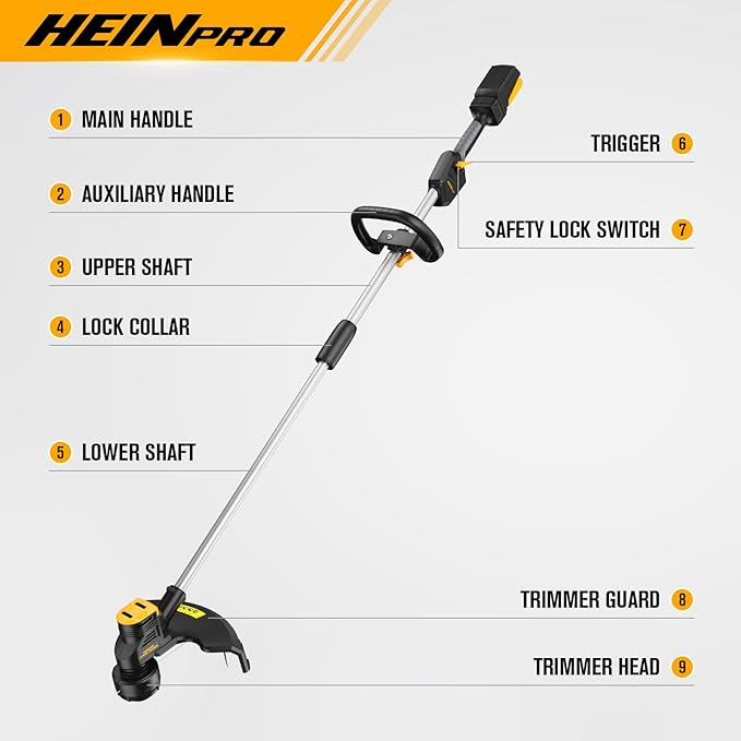 HEINPRO Cordless Weed Wacker Compatible with DeWalt 20V MAX Battery, 16" Brushless Weed Eater, Grass Trimmer for Lawn Care, Bump Feed, String Trimmer with 4 Bulk Trimmer Line Coils (Tool Only)