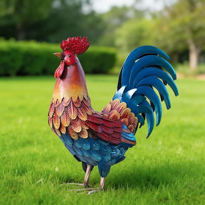 Kircust Metal Rooster Statue 13.4" Weatherproof Garden Decor | Outdoor Garden, Lifelike, Weatherproof Rustproof, Farmhouse Chicken Sculpture, Patio Yard Decor