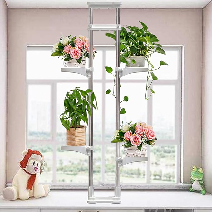 BAOYOUNI Indoor Window Plant Stand Metal Double Pole Storage Shelf Flower Pot Display Rack Holder Planter Extention Rods Home Decor with 4 Adjustable Trays - Ivory