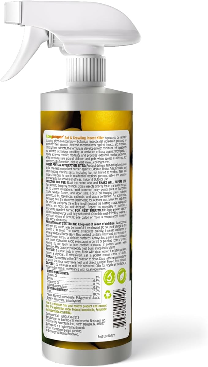 EcoVenger® Ant and Insect Killer 16 oz | Citrus Scent | Fast Kills House Ants Fire Ants | Residual Deterrence | Plant-Based Child and Pet Safe