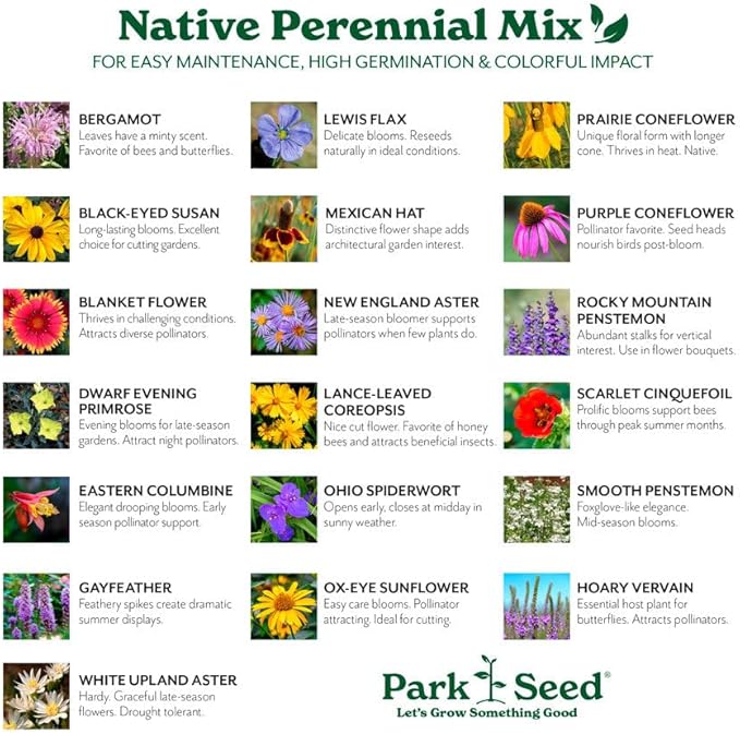 Park Seed Grow Your Own Vibrant Perennial Wildflower Garden Seeds Mixture, Easy to Grow Varieties for Pollinators and Spring Gardens - Native Perennial Mix, 50 lbs