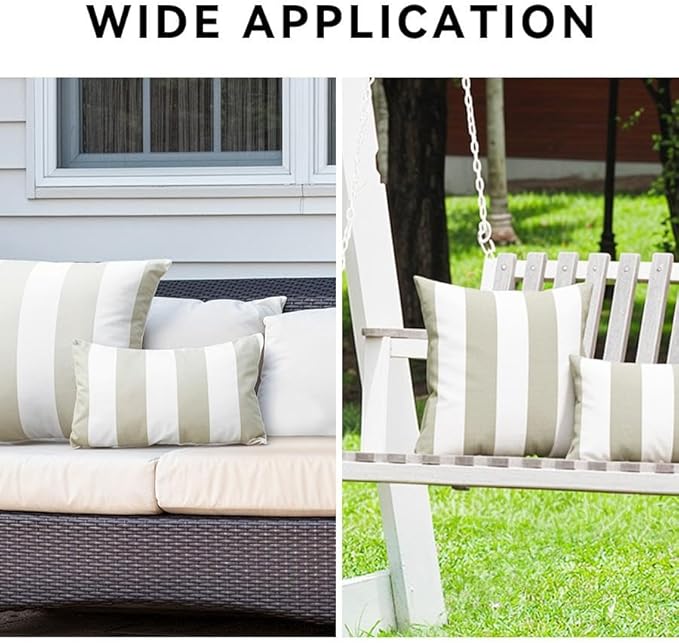 Western Home Pack of 2 Outdoor Waterproof Striped Throw Pillow Covers Beige Grey Decorative Pillowcases Garden Modern Cushion Cases for Patio Tent Balcony Couch Sofa 12x20 Inch