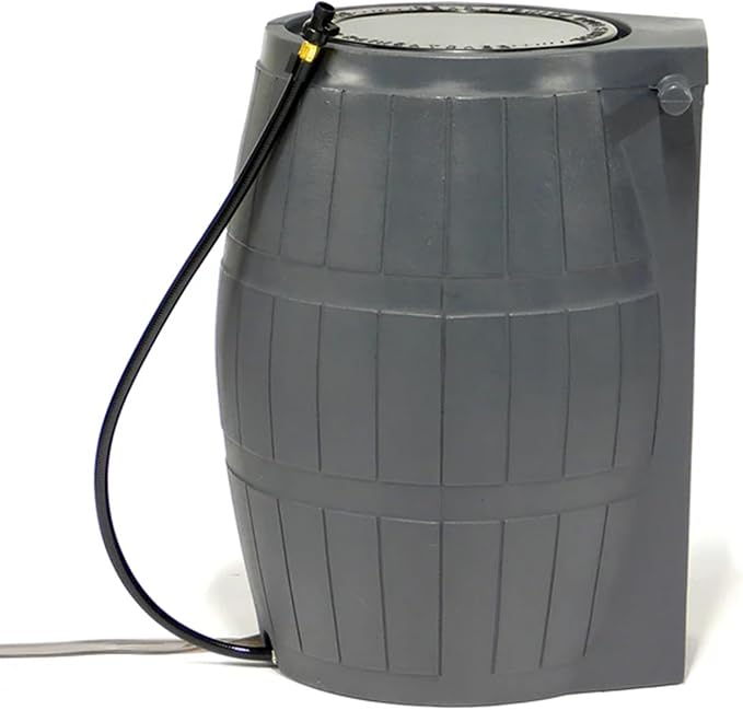 FCMP Outdoor Raincatcher 4000, Flat-Back Rain Water Barrel, 50-Gallon, Gray - Rainwater Collection Storage Container w/Side Spigots, Mesh Screen, Garden and Overflow Hose & Linking Kit