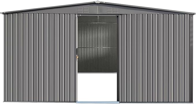 YOPTO 11x13 FT Outdoor Storage Shed,Metal Waterproof Tool House with Firewood Shed and 2 Integrated Punched Vents,2-in-1 Garden Storager Apex Roof Shelter w/Window & Door for Wood,Bicycles,Grey