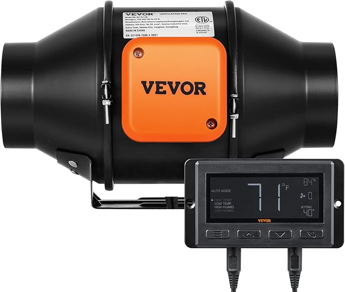 VEVOR Inline Duct Fan, 4-Inch 205 CFM with Temperature Humidity Controller, Quiet EC-Motor Ventilation Exhaust Fan for Cooling Booster, Grow Tents, Hydroponics