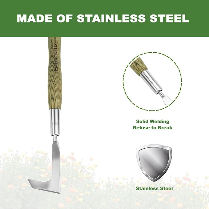 Haliaeetus Crack Weeder Tool, 17'' L-Shaped Stainless Steel Crevice Weeding Tool, Comfortable Wooden Handle Paver Weeder, Sidewalk Weed Removal Tool for Driveway, Bricked Patio and Terrace Paving Moss