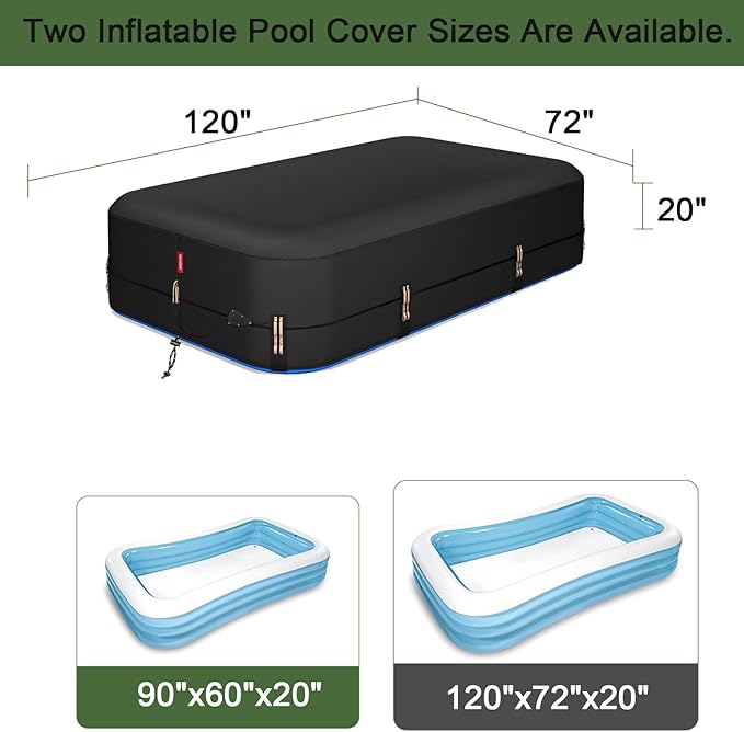 QH.HOME 120"x72" Rectangular Pool Cover for Inflatable Pool,Fits Blow Up Pool Size 10' x 6', Blocks Leaves & Sun, Windproof Snug Fit with Patented Ratchet & Weight Rings to Prevent Slipping