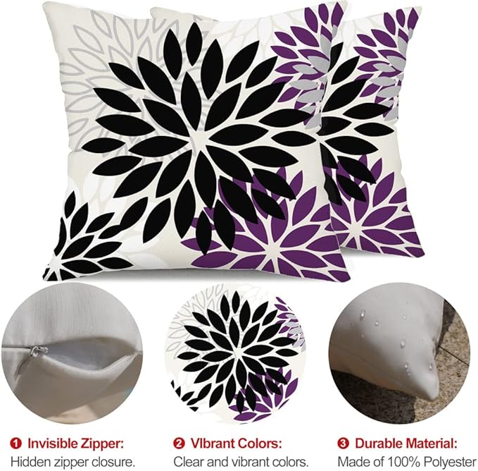 DFXSZ Black Purple Flower Pillow Covers 20x20 Inch Set of 2 Outdoor Throw Pillows Outdoor Waterproof Decor for Living Room Sofa Patio Funiture Garden Floral Polyester Pillow Covers 002Q20
