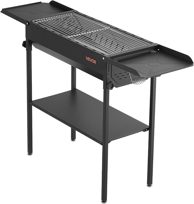 VEVOR Foldable Charcoal Grill, Portable Charcoal Barbecue Grill with Adjustable Height & Folding Side Tables, High-Temp Powder-Coated Steel Outdoor BBQ Grills for Camping Backyard Parties