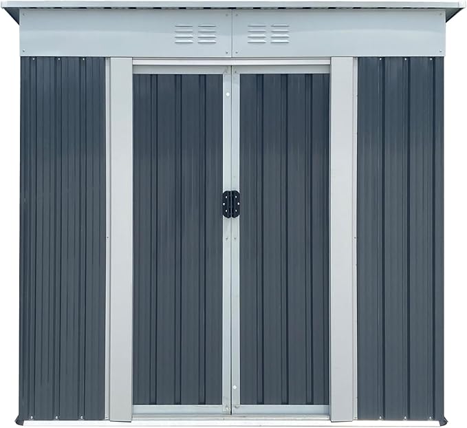 KEIKI 6x4 FT Outdoor Storage Shed with Pent Roof and Lockable Sliding Door, Small Waterproof Galvanized Steel Storage House with Aluminum Alloy Frame for Garden, Backyard, Patio, Lawn, Grey & White