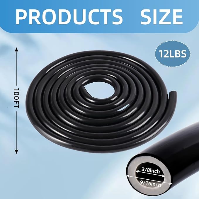 3/8 Inch Self Sinking Aeration Hose,100 Feet Weighted Pond Aerator Hose Kit 8 Stainless Steel Hose Clamps and 4 Menders (100FT)