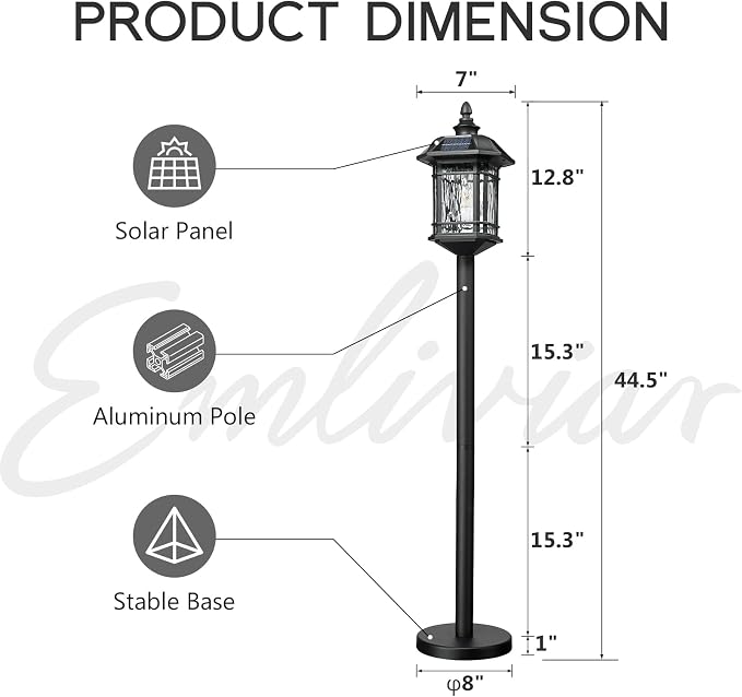 Emliviar Outdoor Solar Floor Lamp with Remote Control, Waterproof Solar Powered Path Lighting in Black Finish, LED Portable Street Light with Water Grain Glass, 2084PL-ML SL BK