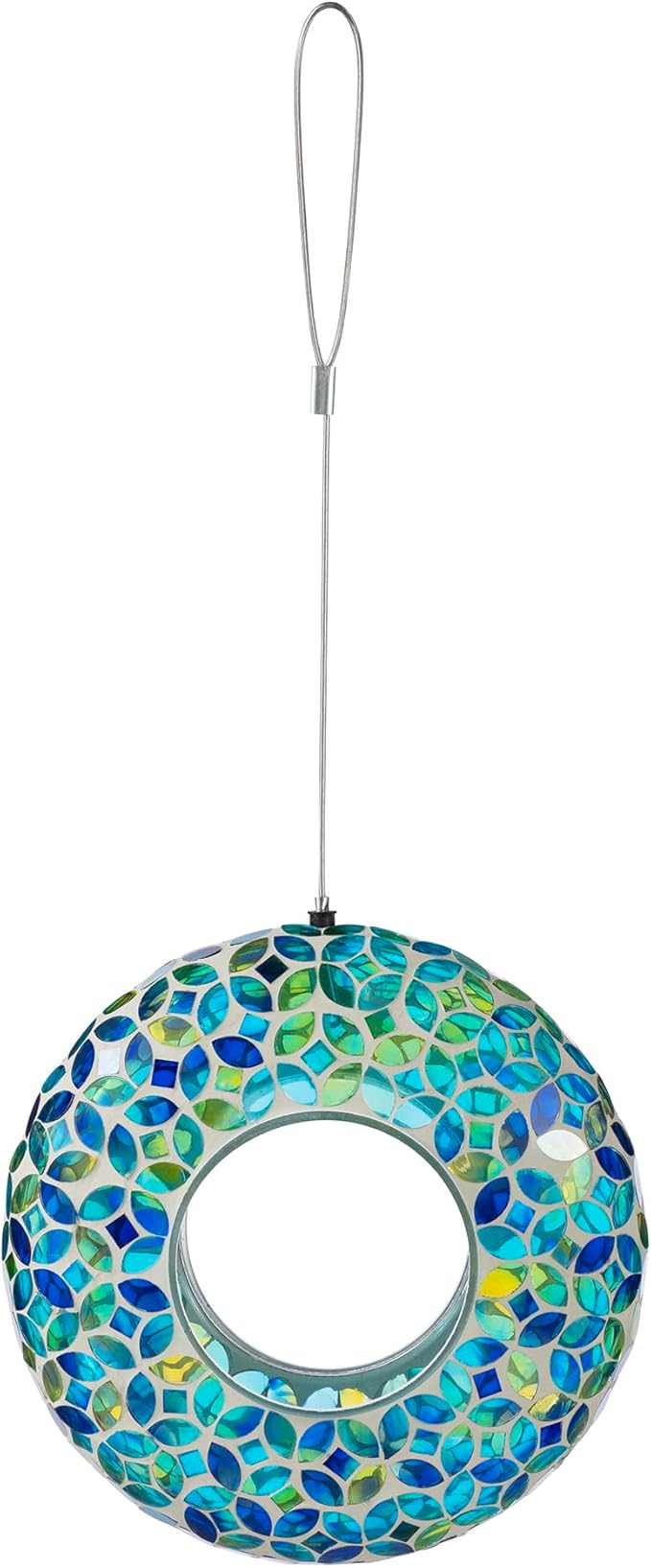Glitzhome 8''D Hanging Glass Bird Feeder, Round Fly Through Wild Bird Feeder for Outdoors,Blue/Green Mosaic Birdfeeder for Garden, Yard, Backyard, Deck and Porch Decor