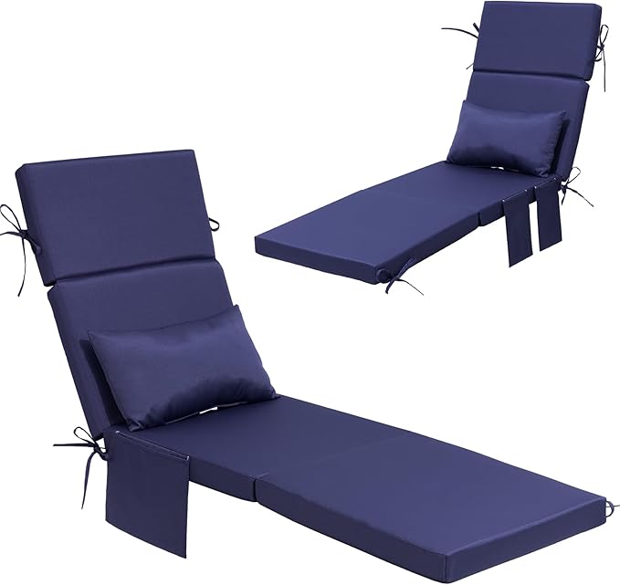 Crestlive Products Foldable Outdoor Chaise Lounge Cushions with Head Pillow and Side Pockets,Water Repellent & Fade Resistant Lounge Chair Cushion, 72''L x 21''W, Navy