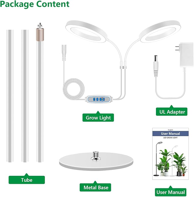 Aumtrly Large Plant Light for Indoor Plants, 2 Head Full Spectrum Grow Light with 68" Adjustable Stand for Growing Large Tall Plants, White Halo Floor LED Grow Lamp with 16 Hour Timer