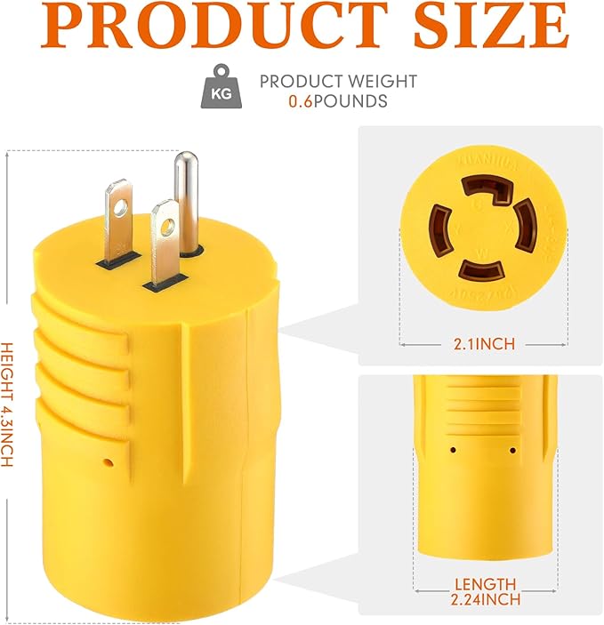 Kanayu NEMA 5-15P to L14-30R Generator Transfer Switch Adapter 3 Prong Household 15Amp to 4 Prong Generator Lock 30Amp Adapter to House Inlet Box(Yellow)