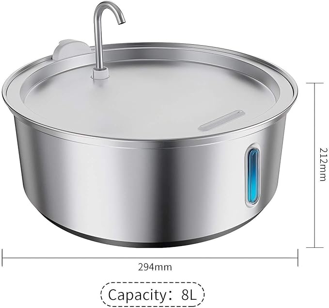 Large Dogs Water Fountain, 8L/270oz Stainless Steel Dog Water Fountain with Visual Water Level Window for Large for Families with Many Pets and Busy Families. with Operating Noise Below 30 decibels
