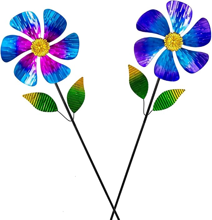 Viveta 2 Pack Garden Wind Spinners, 35.4 "Flower Metal Windmill,Pink and Blue Wind Sculpture,Pinwheels for Yard and Garden