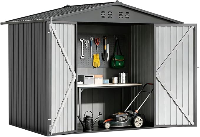 COMHOMA Shed Storage Outdoor Metal Windowed Lockable Weatherproof Ventilated Backyard Garden Utility Workshop(Grey,8'*6')
