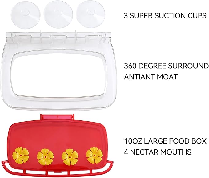 2 Pack Window Hummingbird Feeder with Strong Suction Cup, Plastic Hummingbird Feeders for Outdoors, Built-in Moat,Easy to Clean and Refil (10oz) (2, Red)