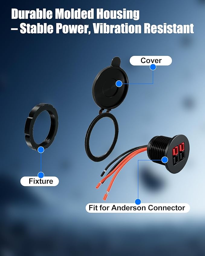 Power Panel Mount Housing Fit for Two Anderson Connectors with a Weather Tight Cover Black