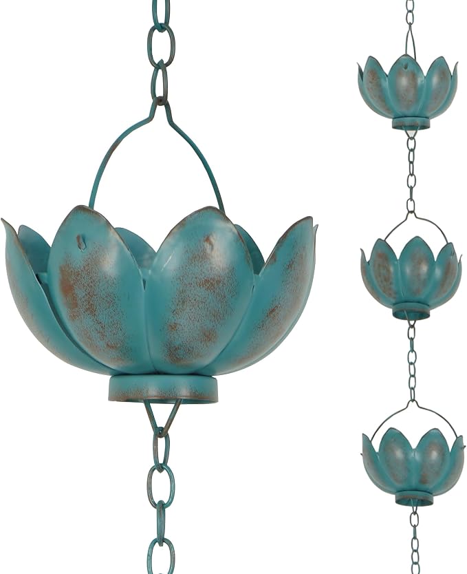 Topadorn Lotus Rain Chain for Gutters, 8.5 FT Decorative Metal Rain Chain with 12 Lotus Cups, Turquoise Patina Downspout Alternative for Garden Patio Yard Decor