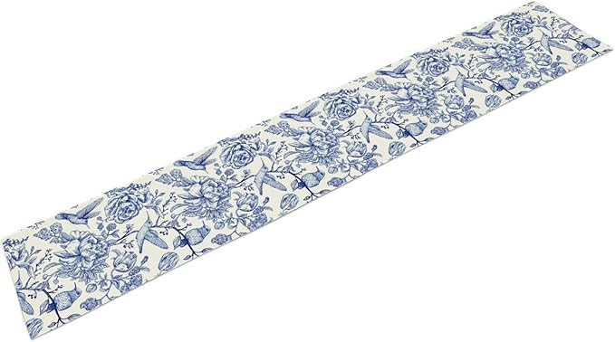 Blue Floral Table Runner, Rustic Seasonal Watercolor Spring Flower Birds Wildfloral Boho Retro Coffee Table Center Decor for Family Kitchen and Dining Farmhouse Party Table Decorations, 13"x108"