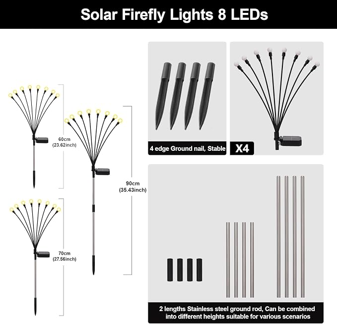 Solar Firefly Lights Warm White, 8 Modes 800mAh Swaying Firefly Yard Lights Solar Powered Outdoor Waterproof for Outside Yard Patio Lawn Pathway Walkway Stake Christmas Garden Decor (4 Pack)