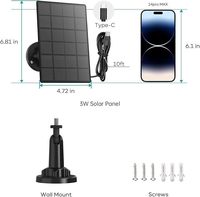 ZUMIMALL 3W Solar Panel for Outdoor Camera Wireless Camera,X2/X1/F5, IP66 Waterproof Solar Panel with 10Ft Type C Charge Cable, Power Supply for Security Camera(Type C Port)